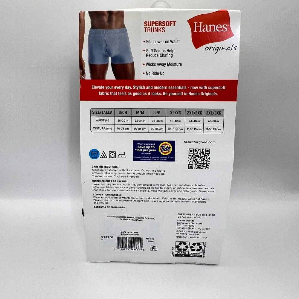 Hanes Originals Supersoft Trunks 3-Pack Mens XL 40-42 Viscose from Bamboo